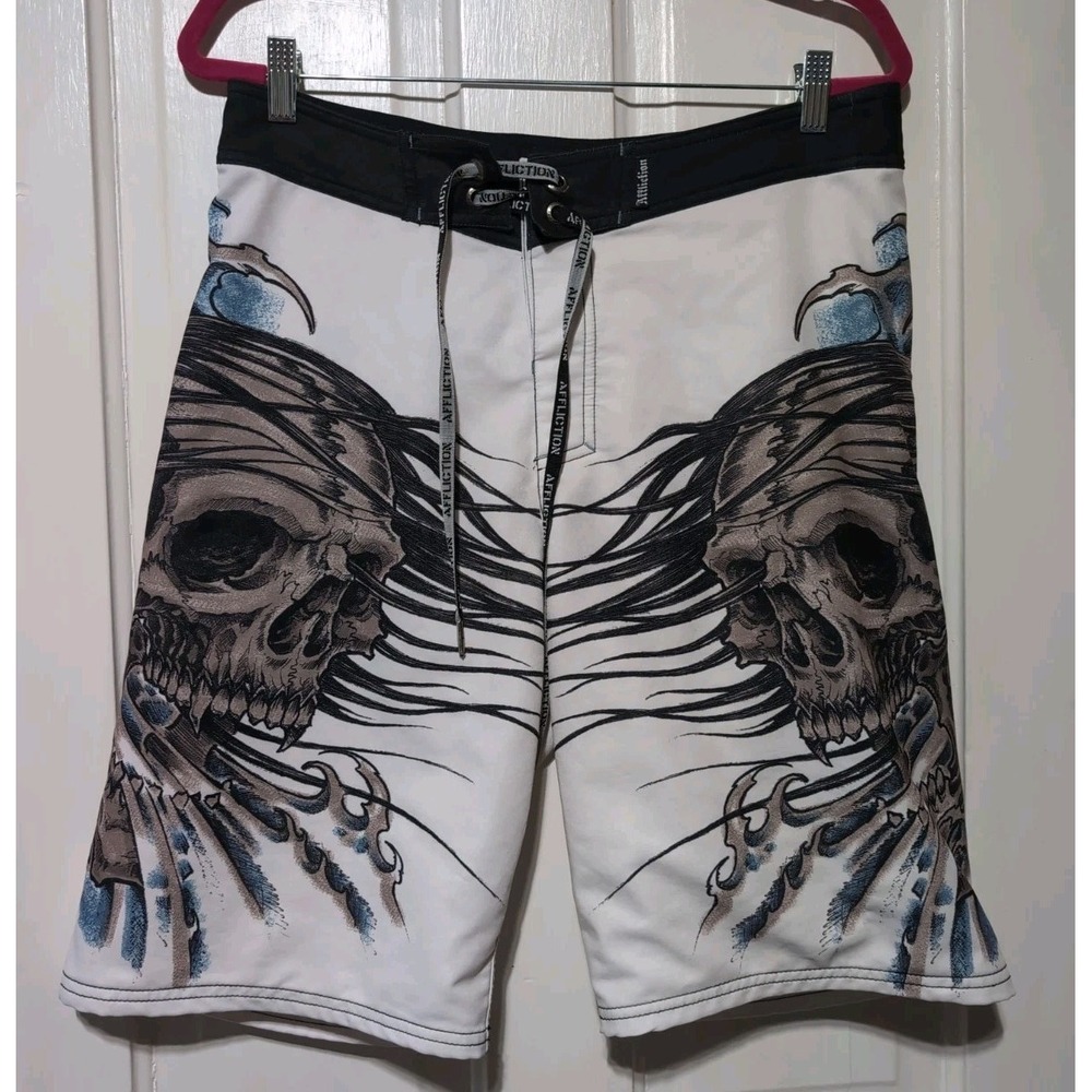 Affliction Board Shorts Men 32 White Screaming Skull Graphic Y2K Swim Trunks